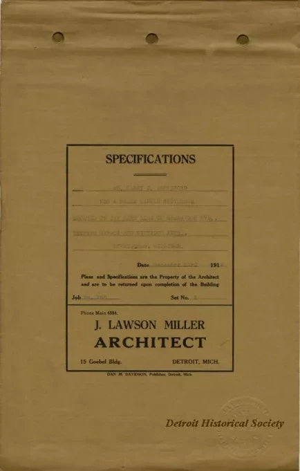 Specification - Specifications - Mr. Harry A. Armstrong for a Frame Single Residence Located on the West Side of Greenwood Ave., Between Harmon and Vinewood Aves., Birmingham, Michigan.
