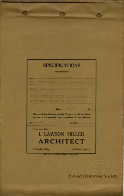 Specification - Specifications - Mr. E. M. Coleman for a Brick Veneered Single Residence and Solid Brick Garage, Located on the North Side of Chicago Boulevard Between Schmittdiel and Wilson Aves., Lot 346, Detroit, Michigan.