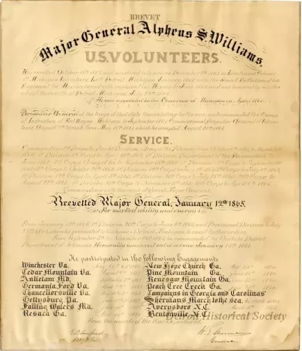 Certificate - Brevet Major General Alpheus S. Williams