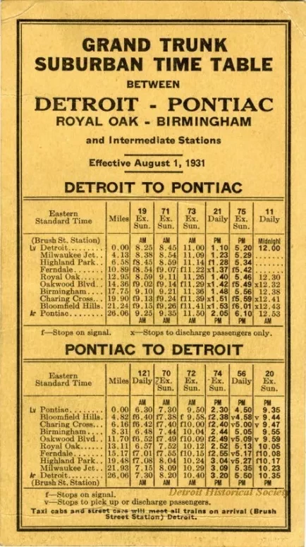 Schedule - Grand Trunk Railway System Suburban Time Table and Commutation Fares Between Detroit and Pontiac