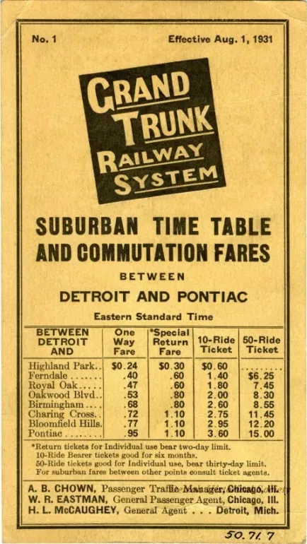 Schedule - Grand Trunk Railway System Suburban Time Table and Commutation Fares Between Detroit and Pontiac
