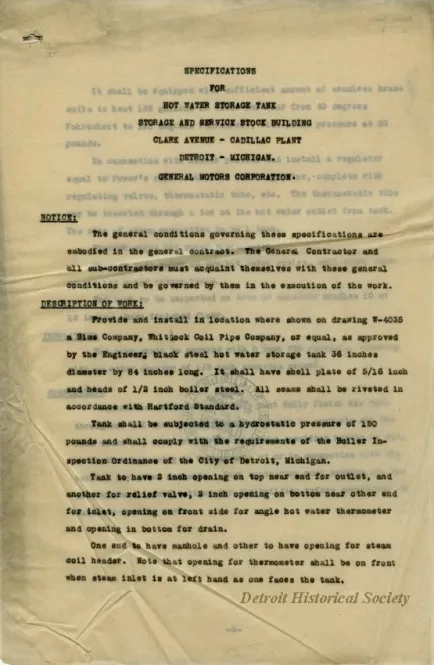 Specification - Specifications for Hot Water Storage Tank, Storage and Service Stock Building, Clark Avenue - Cadillac Plant, Detroit, Michigan, General Motors Corporation.