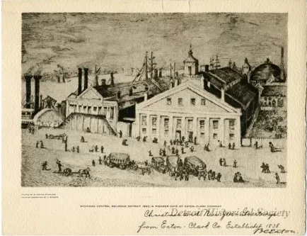 Print - Michigan Central Railroad, Detroit 1853, in Pioneer Days of Eaton-Clark Company