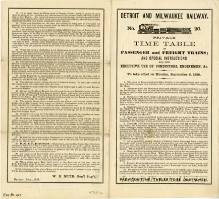 Schedule - Detroit and Milwaukee Railway, No. 20, Private Time Table of Passenger and Freight Trains; And Special Instructions for the Exclusive Use of Conductors, Enginemen, &c. to take effect on Monday, September 6, 1858.
