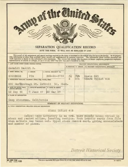 Form - Army of the United States Separation Qualification Record
