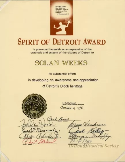 Certificate - Spirit of Detroit Award