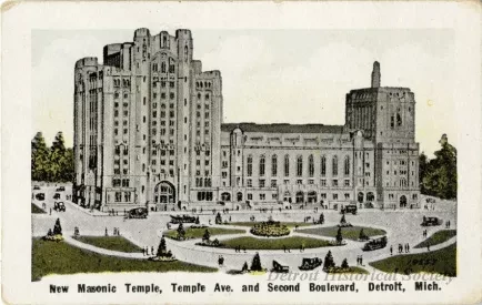 Card, Souvenir - New Masonic Temple, Temple Ave. and Second Boulevard, Detroit, Mich.