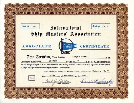 Certificate, Membership - International Ship Masters' Association,
Grand Lodge Associate Certificate