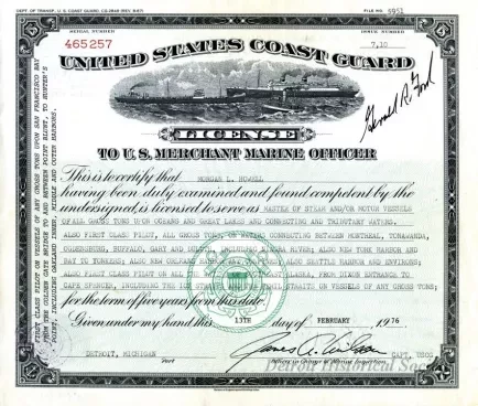 License, Occupational - United States Coast Guard License to a U.S. Merchant Marine Officer