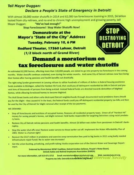 Flyer - Tell Mayor Duggan: Declare a People's State of Emergency in Detroit!