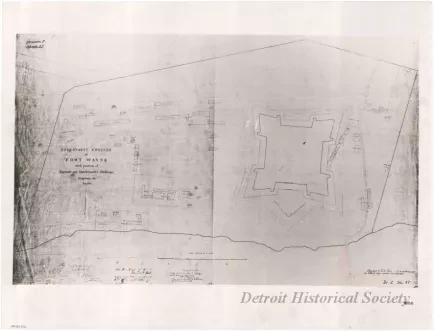 Drawing, Technical - Government Grounds at Fort Wayne 
with Position of Engineer and Quartermaster Buildings, Roadways &c.,
Aug. 1866