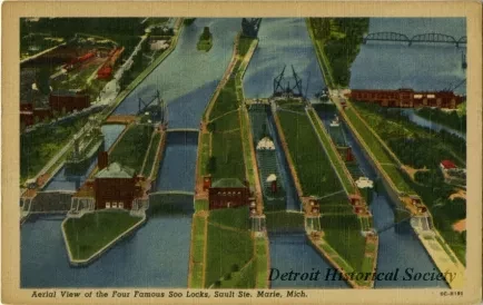 Postcard - Aerial View of the Four Famous Soo Locks, Sault Ste. Marie, Mich.