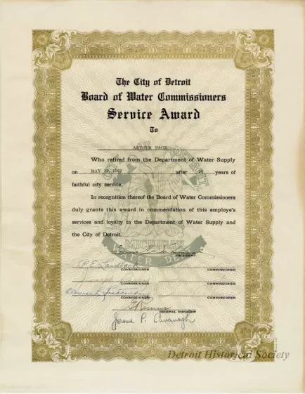 Certificate, Commemorative - The City of Detroit
Board of Water Commissioners Service Award