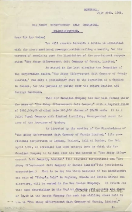 Letter - Abbey Effervescent Salt Companies
Re-Organization