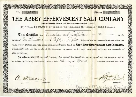 Certificate, Stock - The Abbey Effervescent Salt Company
