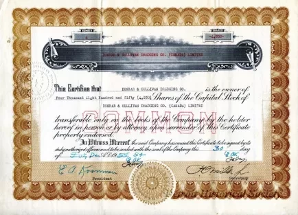 Certificate, Stock - Dunbar & Sullivan Dredging Co. (Canada) Limited
