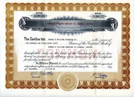 Certificate, Stock - Dunbar & Sullivan Dredging Co. (Canada) Limited