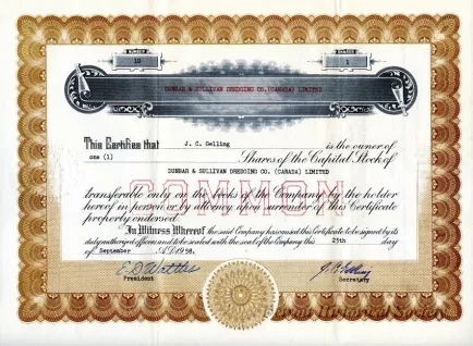 Certificate, Stock - Dunbar & Sullivan Dredging Co. (Canada) Limited