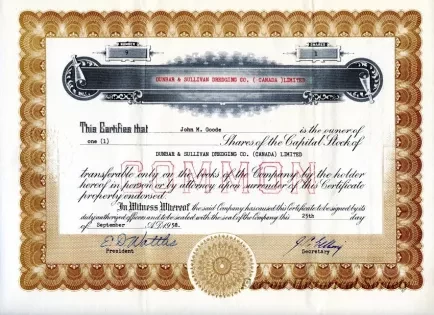 Certificate, Stock - Dunbar & Sullivan Dredging Co. (Canada) Limited
