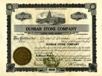 Certificate, Stock - Dunbar Stone Company