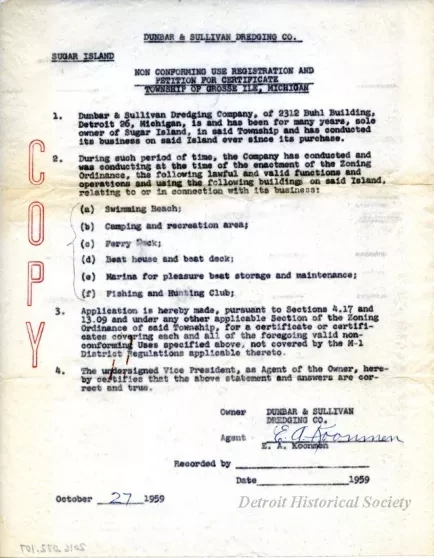 Letter - Dunbar & Sullivan Dredging Co. 
Sugar Island, Non Conforming Use Registration and Petition for Certificate, Township of Grosse Ile, Michigan