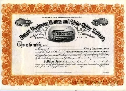Certificate, Stock - Detroit, Rochester, Romeo and Lake Orion Railway