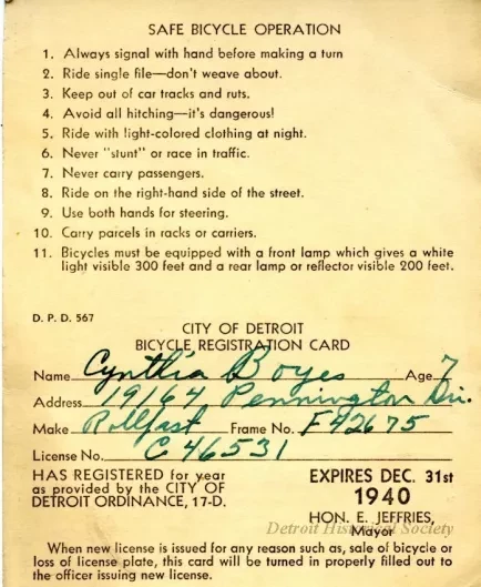 Card, Documentary - City of Detroit
Bicycle Registration Card