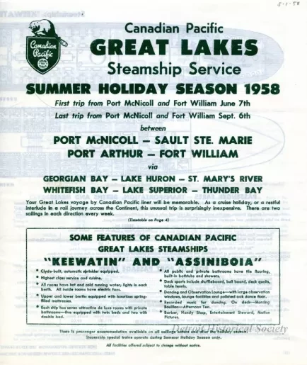 Brochure - Canadian Pacific Great Lakes Steamship Service,
Summer Holiday Season Schedule for 1958