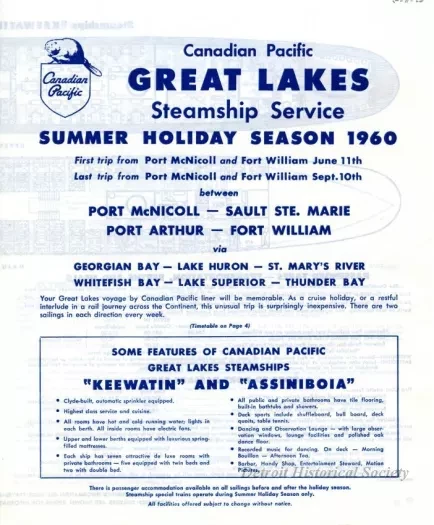 Brochure - Canadian Pacific Great Lakes Steamship Service,
Summer Holiday Season Schedule for 1960