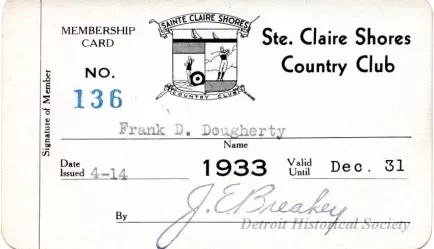Card, Membership - Ste. Clair Shores Country Club