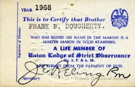 Card, Membership - Union Lodge of Strict Observance No. 3,
Grand Lodge F.& A.M. [Free & Accepted Masons] of Michigan
