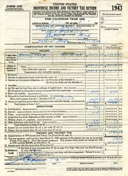 Return, Tax - United States Individual Income and Victory Tax Return