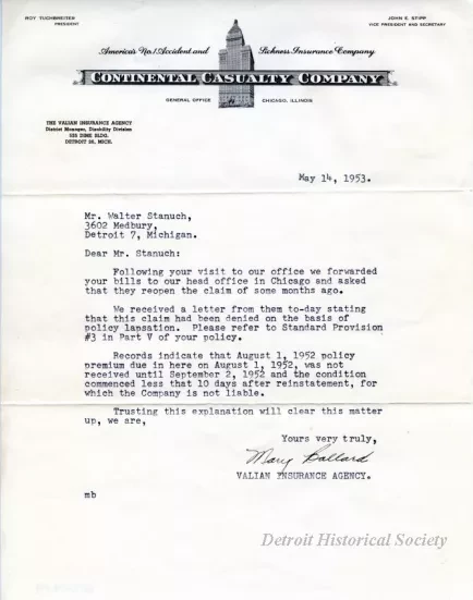 Letter - Continental Casualty Company