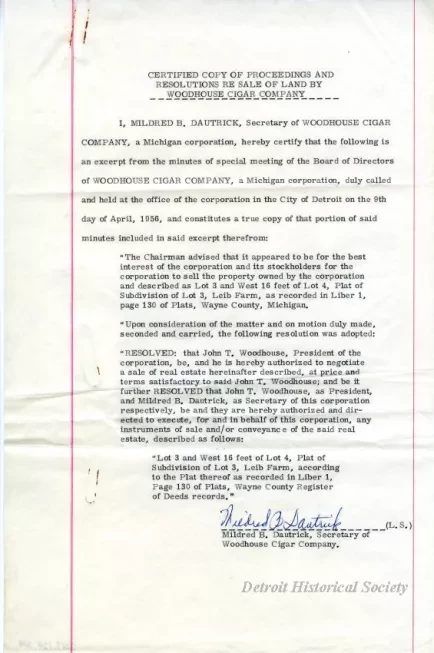 Resolution - Certified Copy of Proceedings and 
Resolutions Re Sale of Land by Woodhouse Cigar Company