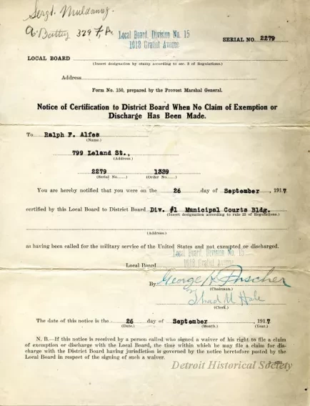 Letter, Form - Notice of Certification to District Board When No Claim of Exemption or Discharge Has Been Made