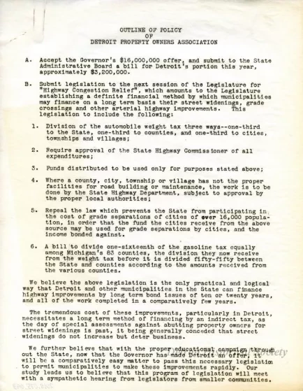 Report - Outline of Policy of Detroit Property Owners' Association