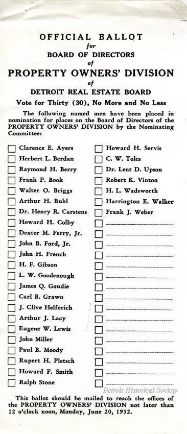 Ballot - Official Ballot for Board of Directors 
of Property Owners' Division of Detroit Real Estate Board