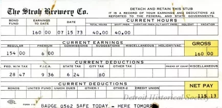 Stub, Paycheck - The Stroh Brewery Company