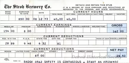 Stub, Paycheck - The Stroh Brewery Company