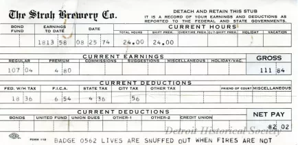 Stub, Paycheck - The Stroh Brewery Company