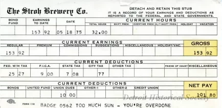 Stub, Paycheck - The Stroh Brewery Company