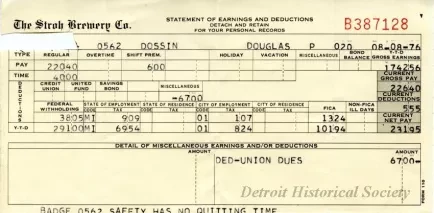 Stub, Paycheck - The Stroh Brewery Company