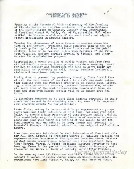 Release, News - President "Joe" Electrifies Kiwanians in Detroit