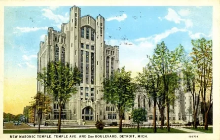 Postcard - New Masonic Temple, Temple Ave. and 2nd Boulevard, Detroit, Mich.