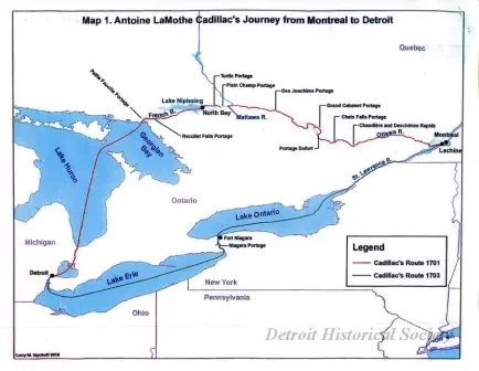 Map - Antoine LaMothe Cadillac's Journey from Montreal to Detroit