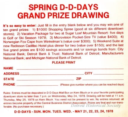 Flyer - Spring D-D [Downtown Detroit] Days Grand Prize Drawing