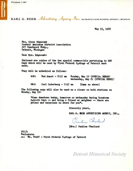 Letter - Karl G. Behr Advertising Agency, Inc.