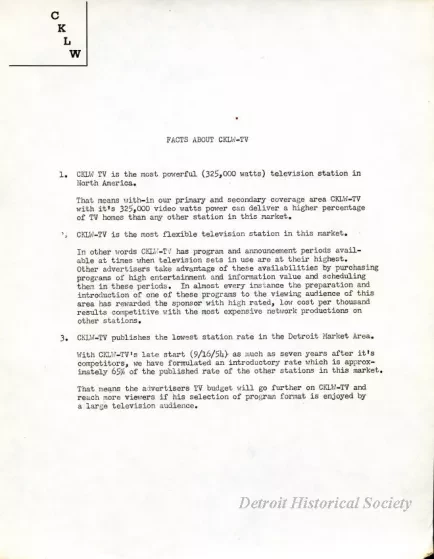 Advertisement - Facts About CKLW-TV