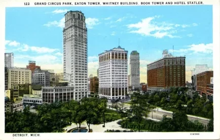 Postcard - Grand Circus Park, Eaton Tower, Whitney Building, Book Tower And Hotel Statler
