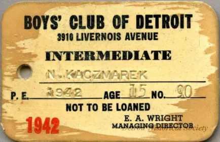 Card, Membership - Boys' Club of Detroit
3910 Livernois Avenue